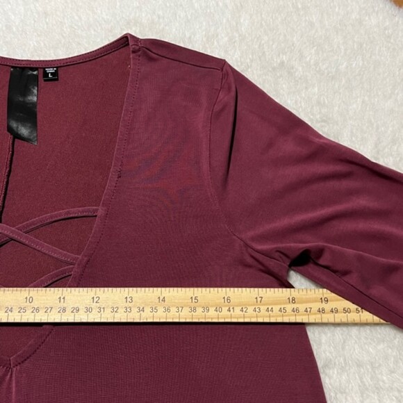 Womens Chic Burgundy Deep V-neck Criss Cross LS Swing Shift Dress Size Large - Picture 10 of 12